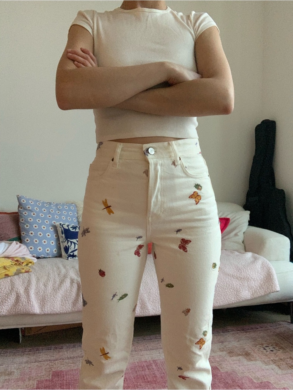 Reformation Cream High-Rise Jeans with Embroidered Butterflies